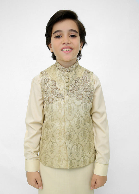 Stylish & Royal – Kids Embroidered Waistcoat Suit in Fawn & Golden