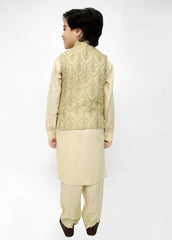 Stylish & Royal – Kids Embroidered Waistcoat Suit in Fawn & Golden
