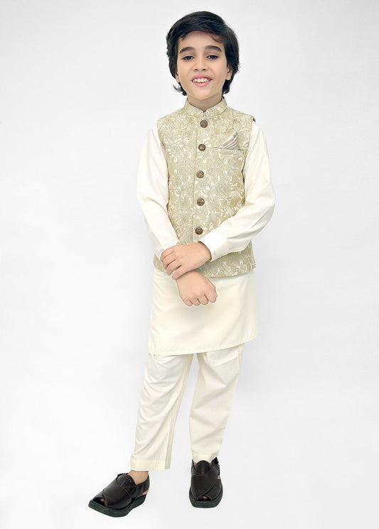 Kids Embroidered Waistcoat Suit Off-White