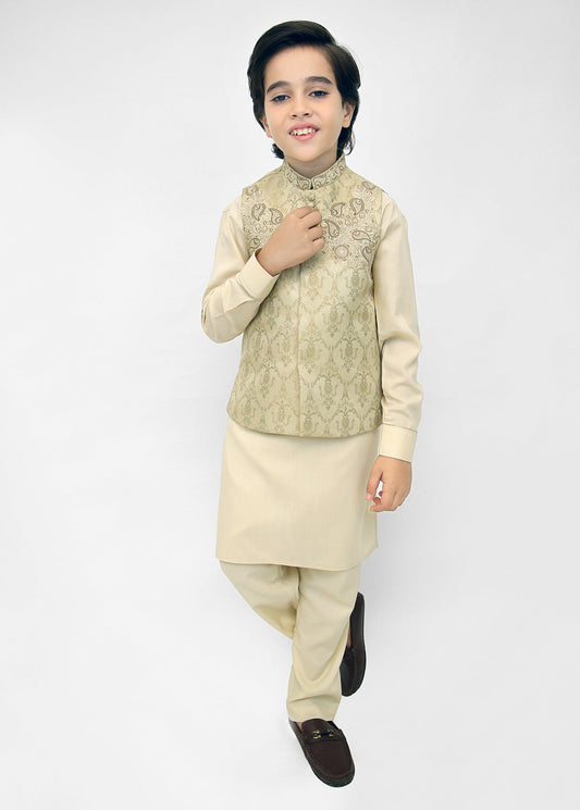 Stylish & Royal – Kids Embroidered Waistcoat Suit in Fawn & Golden
