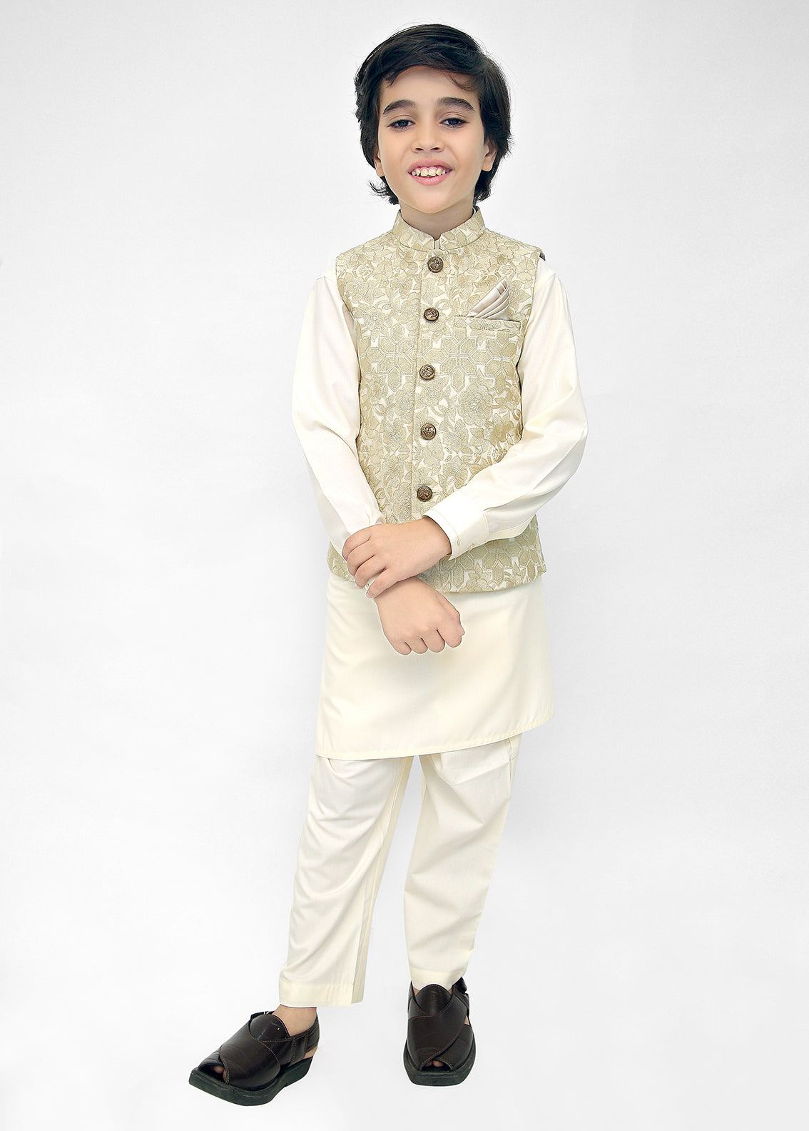 Kids Embroidered Waistcoat Suit Off-White